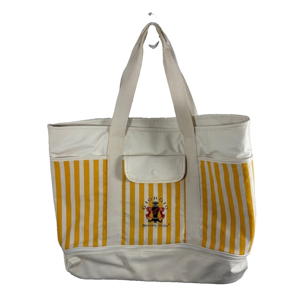 Iconic Vintage 80s Giorgio Beverly Hills Yellow Striped Tote Bag Retro Beach